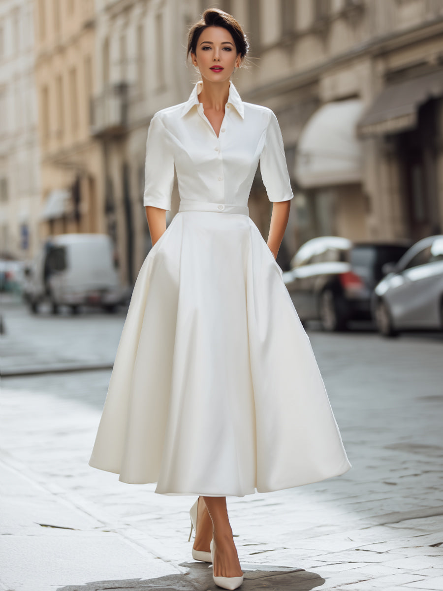 Timeless Ivory Satin Shirt Dress With Front Buttons | Elegant Women's Dress