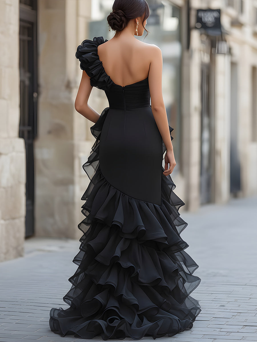 Black One-Shoulder Ruffled Evening Gown With Front Slit | Elegant Women's Dress