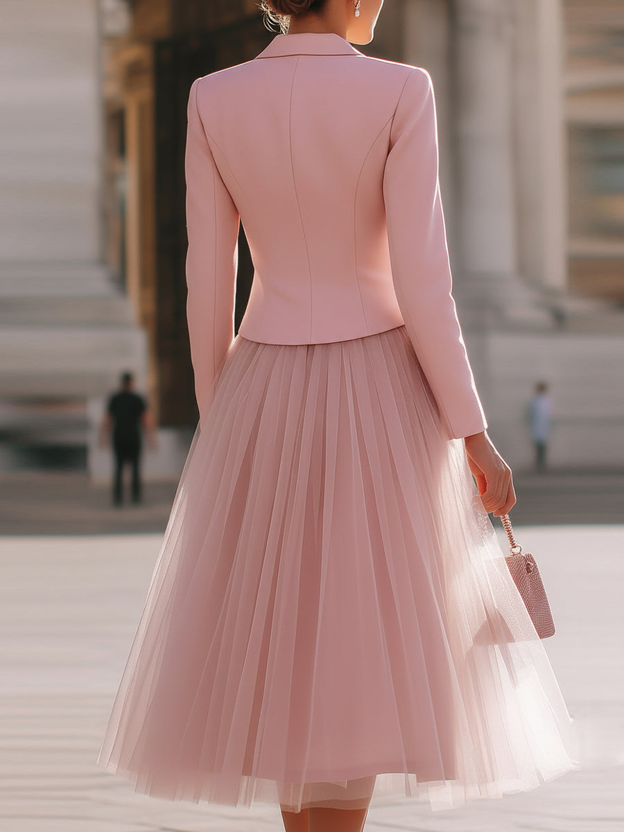 Blush Pink Tailored Blazer & Tulle Skirt Set | Elegant Women's Dress