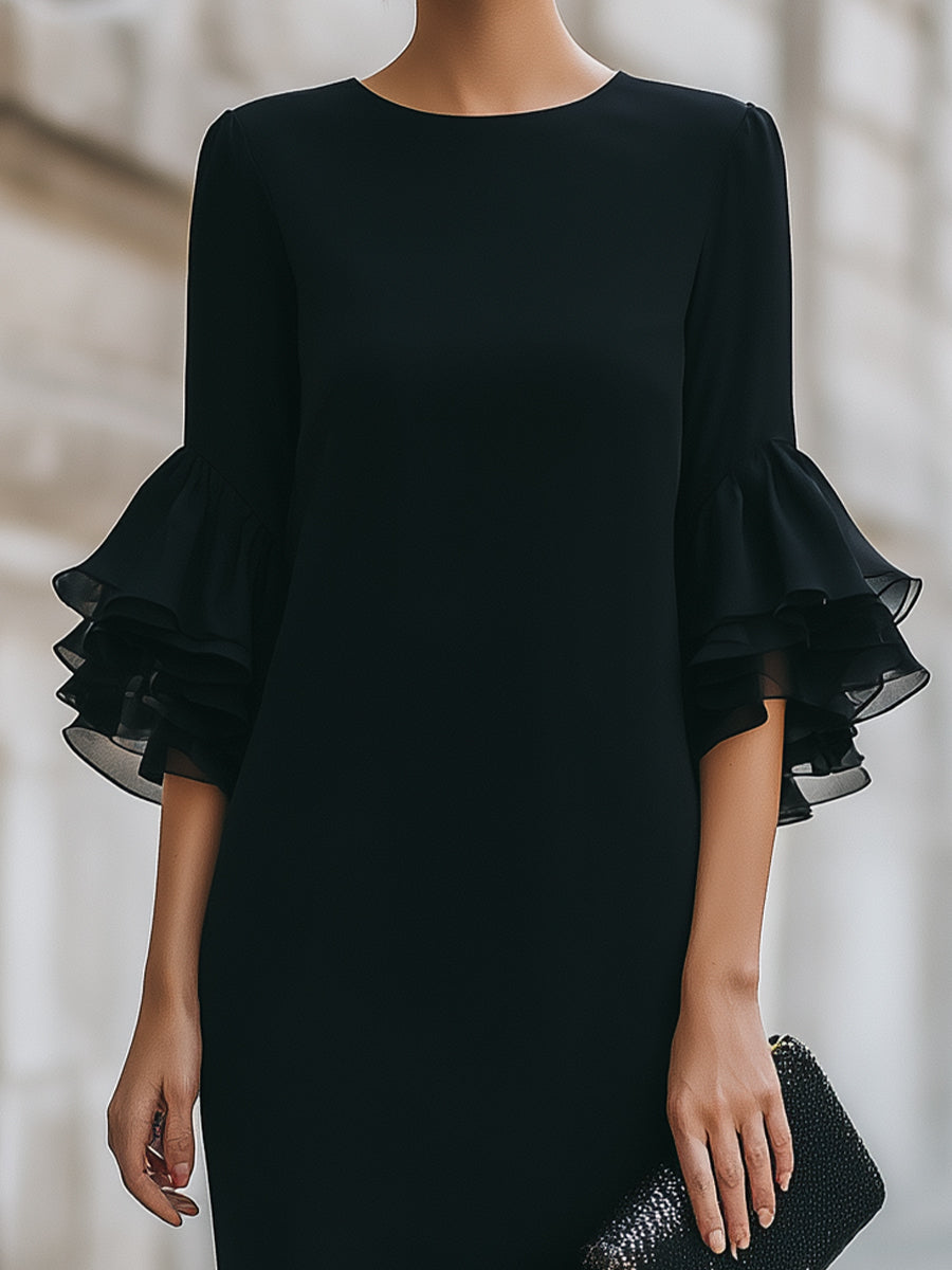 Black Dress With Ruffled Sheer Sleeves | Elegant Women's Dress