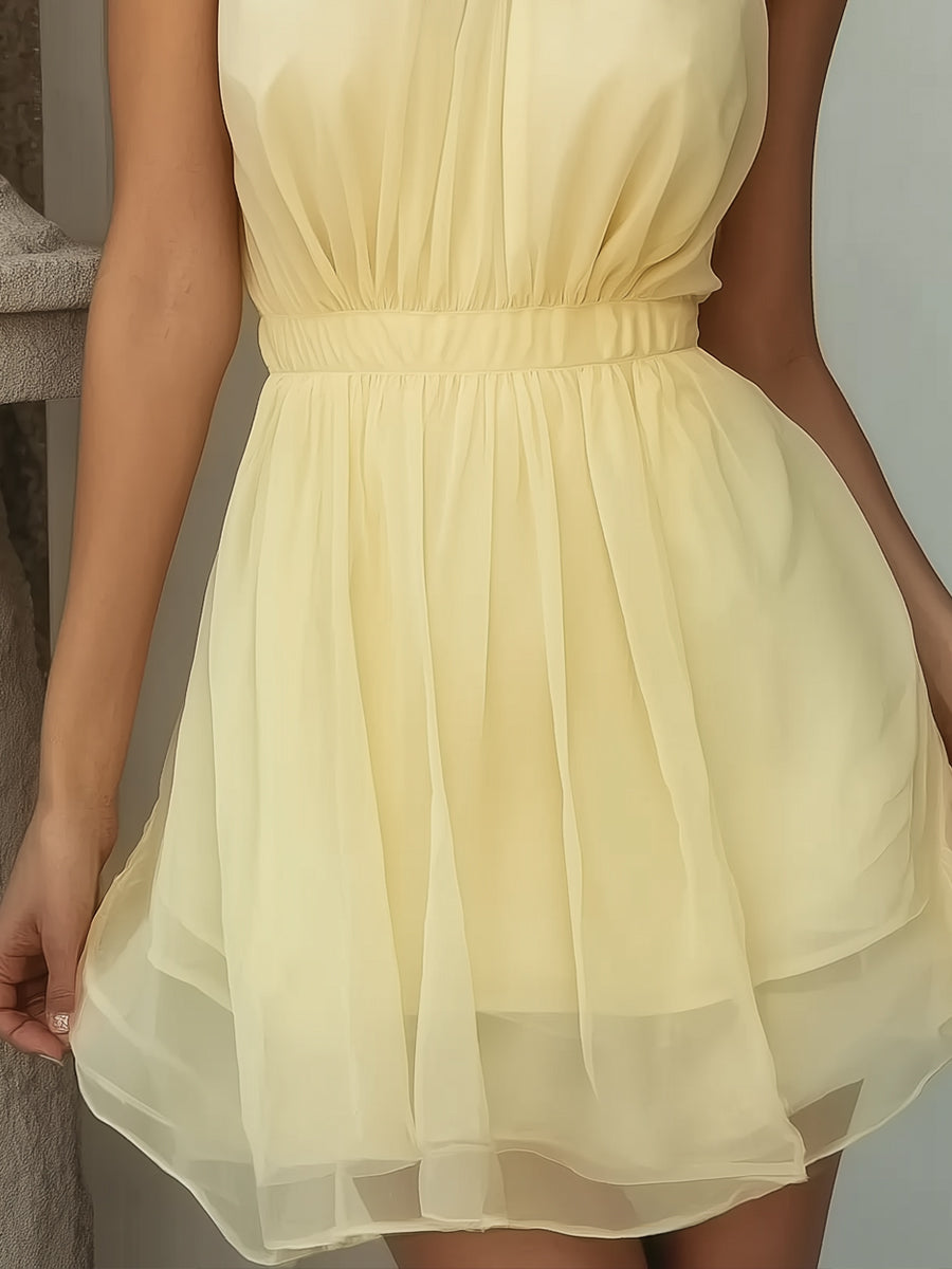 Soft Yellow Halter Neck Chiffon Mini Dress With Layered Skirt | Elegant Women's Dress