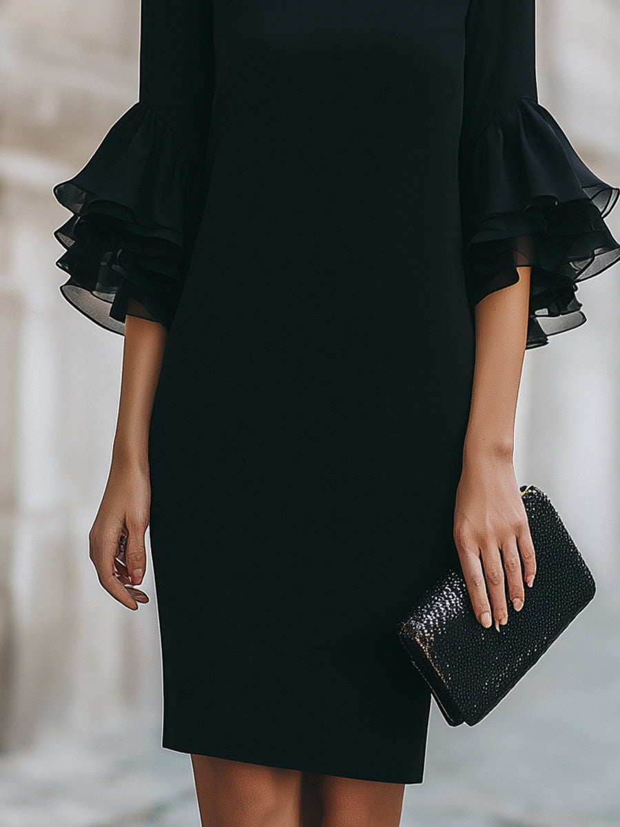 Black Dress With Ruffled Sheer Sleeves | Elegant Women's Dress