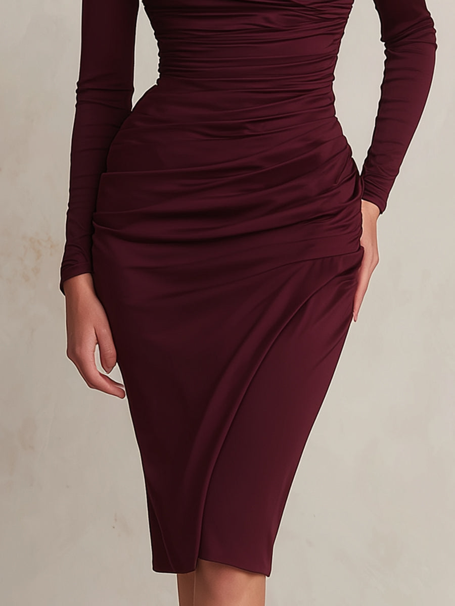 Burgundy Off-Shoulder Ruched Midi Dress | Elegant Women's Dress