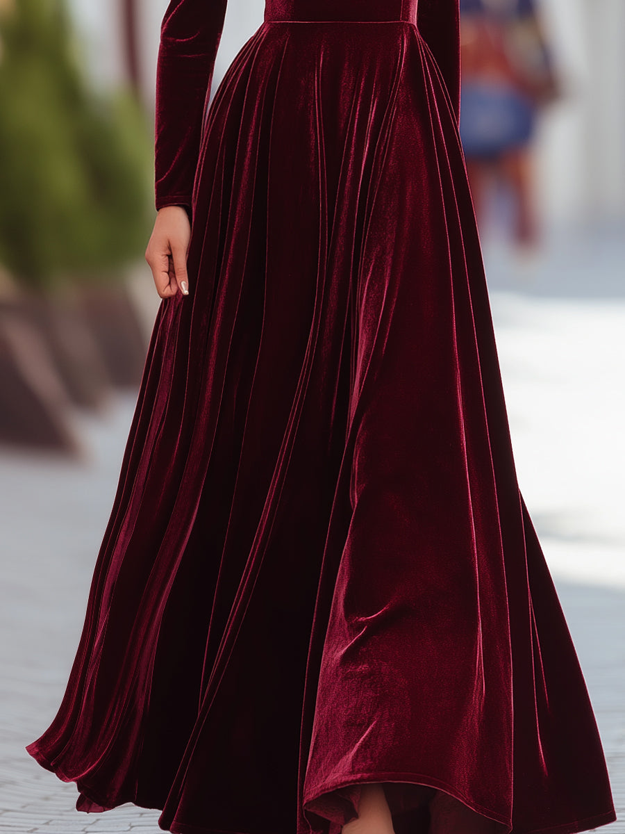 Burgundy Velvet Long-Sleeve Gown | Elegant Women's Dress