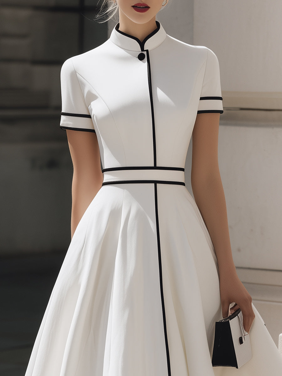 Timeless Contrast-Piped Mandarin Collar Midi Dress | Elegant Women's Dress