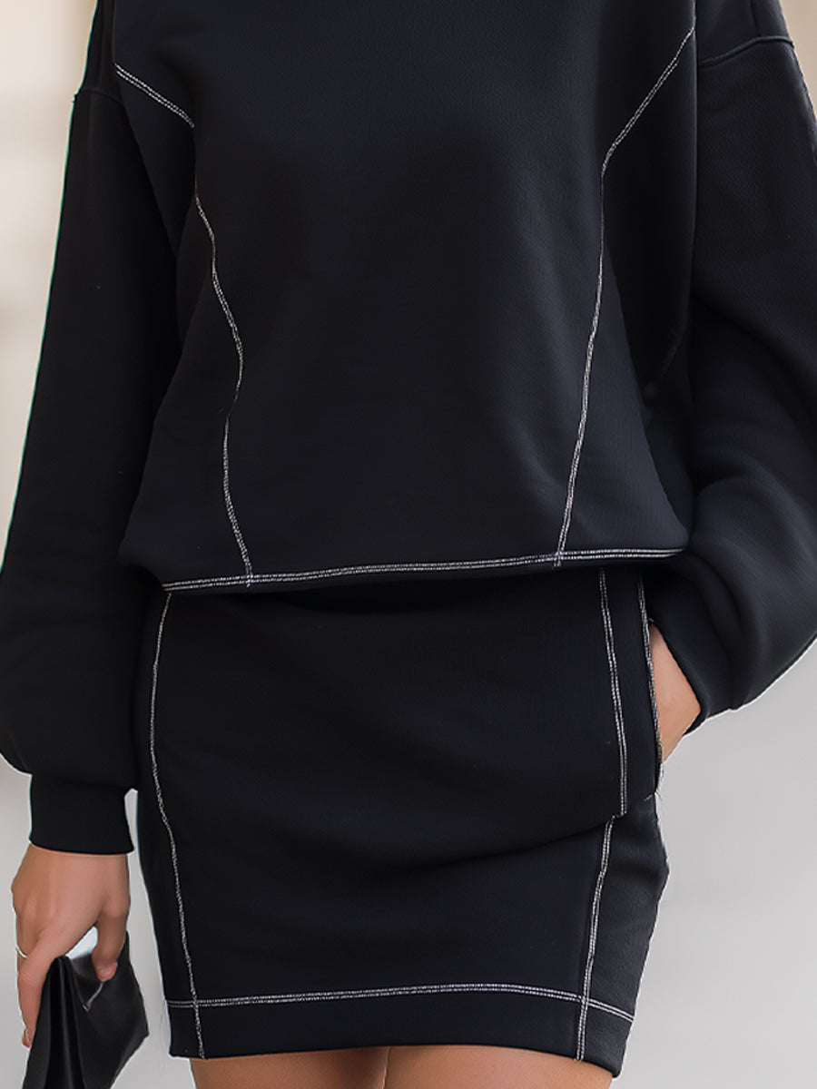 Edgy Black Contrast-Stitch Sweatsuit Set | Elegant Women's Dress