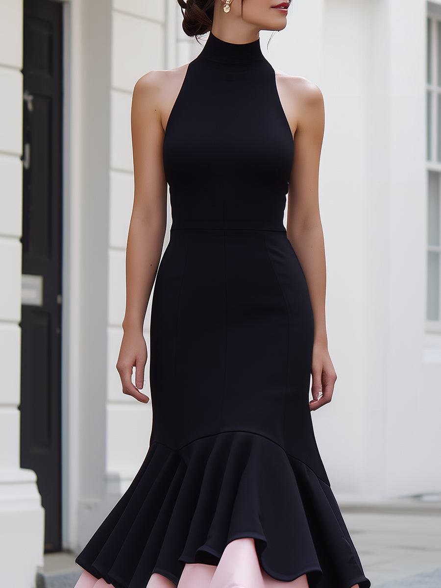 Two-Tone Halter Neck Mermaid Midi Dress With Layered Hem | Elegant Women's Dress