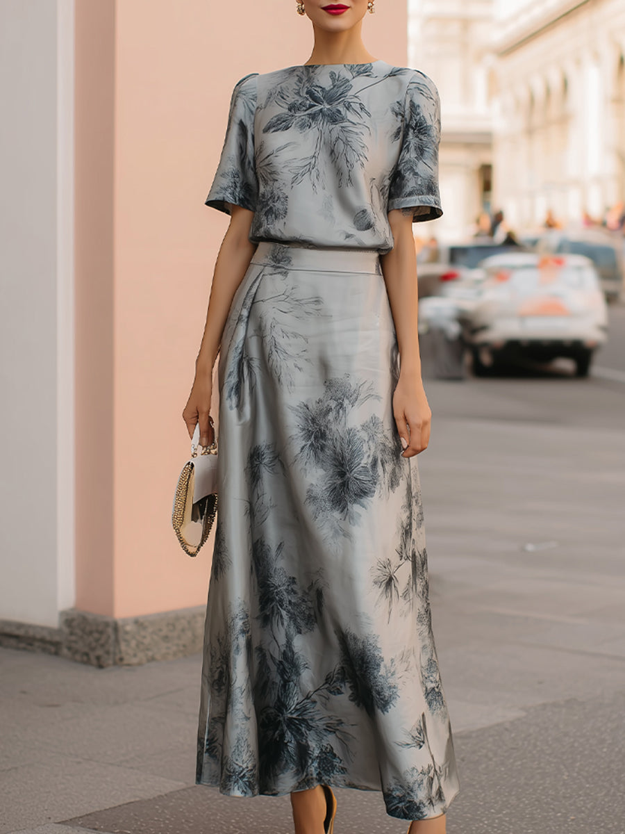 Ethereal Silver-Grey Floral Printed Two-Piece Maxi Set | Elegant Women's Dress