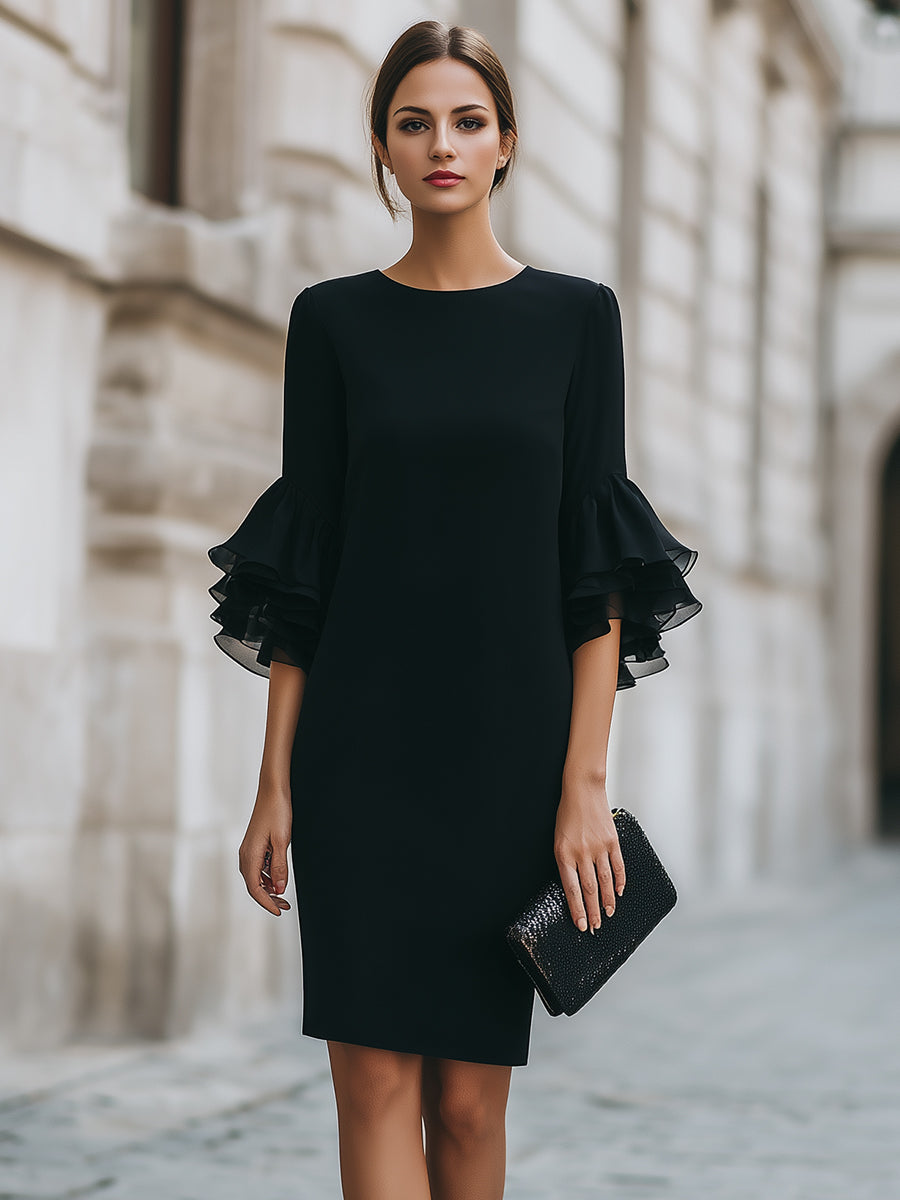 Black Dress With Ruffled Sheer Sleeves | Elegant Women's Dress