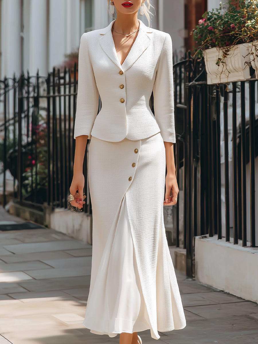 Elegant Textured Buttoned Blazer & Midi Skirt Set | Elegant Women's Dress