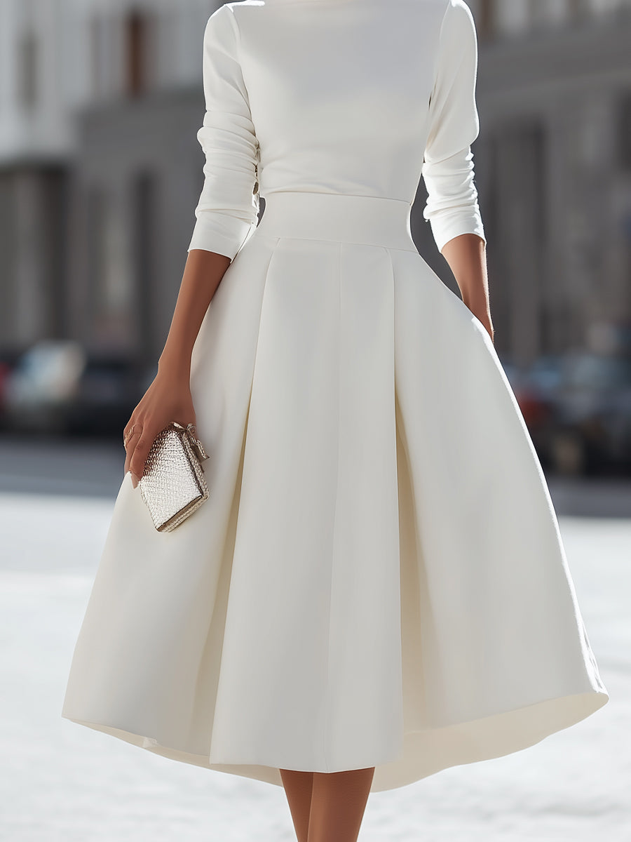 Long Sleeve High-Neck Top And Midi Skirt Two-Piece Set | Elegant Women's Dress
