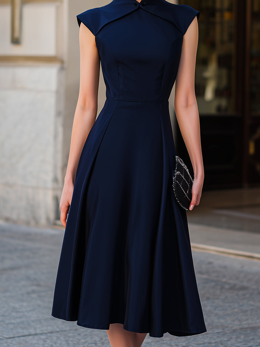 Structured Cap-Sleeve A-Line Midi Dress | Elegant Women's Dress