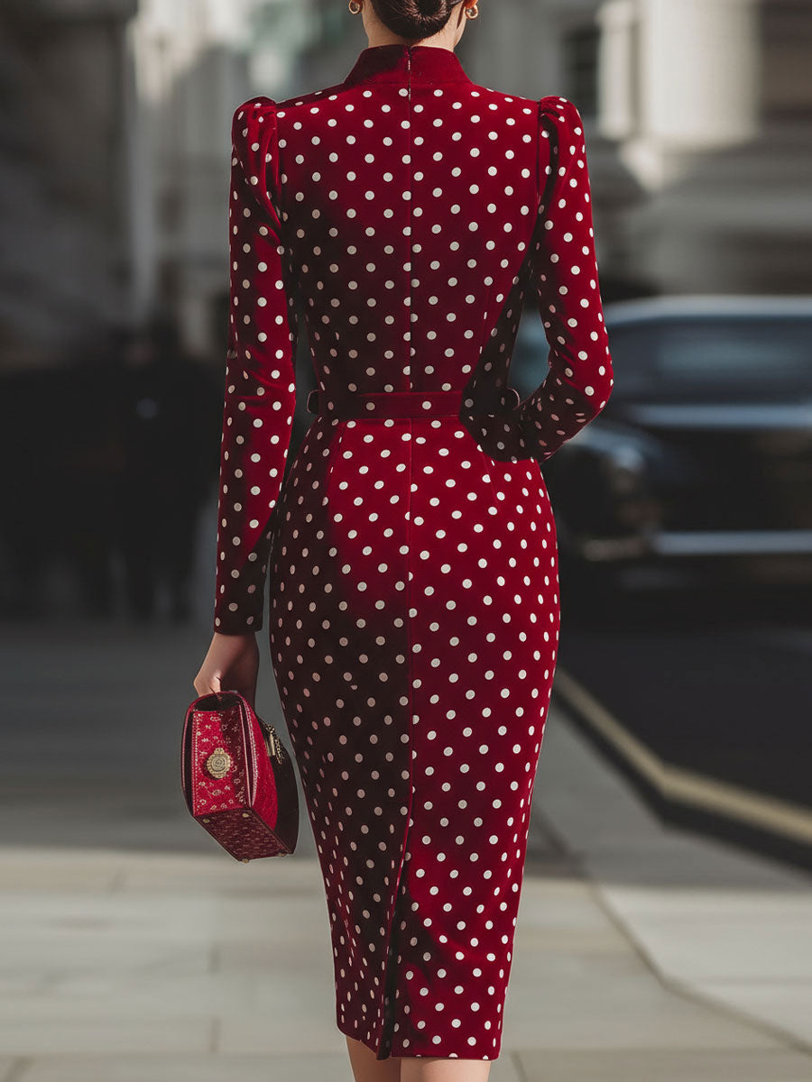 Vintage-Inspired Red Polka Dot Velvet Midi Dress | Elegant Women's Dress