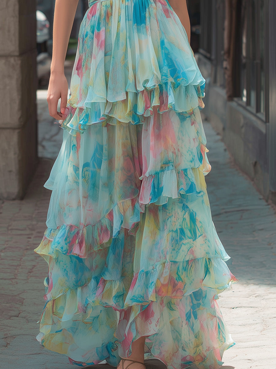 Strapless Watercolor Print Tiered Maxi Dress | Elegant Women's Dress