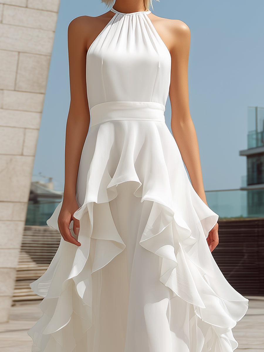 White Halter Layered Ruffle Maxi Dress | Elegant Women's Dress