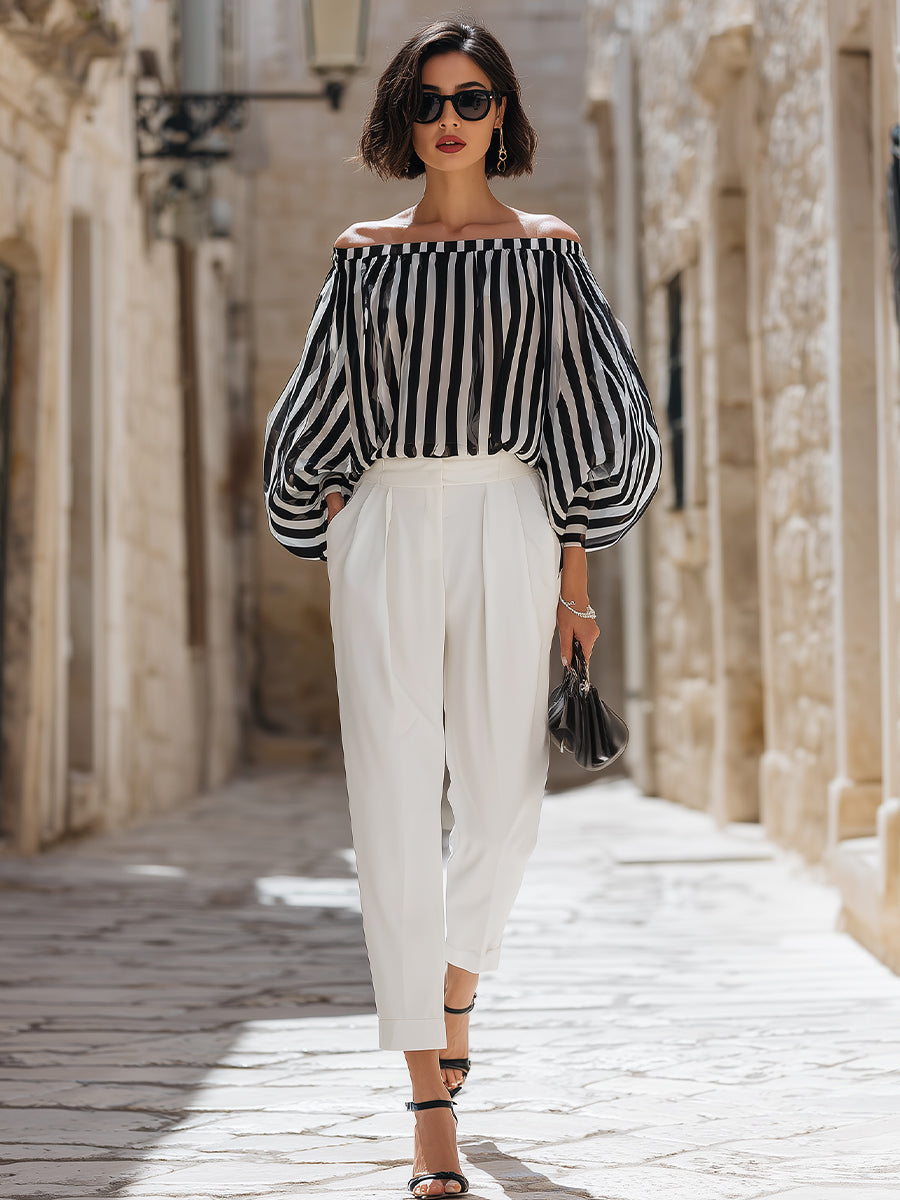 Chic Off-the-Shoulder Striped Blouse & High-Waisted Tailored Trousers Set | Elegant Women's Dress