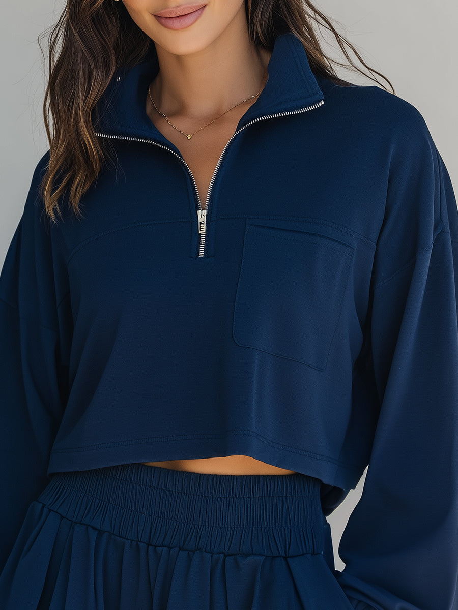 Navy Cropped Half-Zip Loungewear Set | Elegant Women's Dress