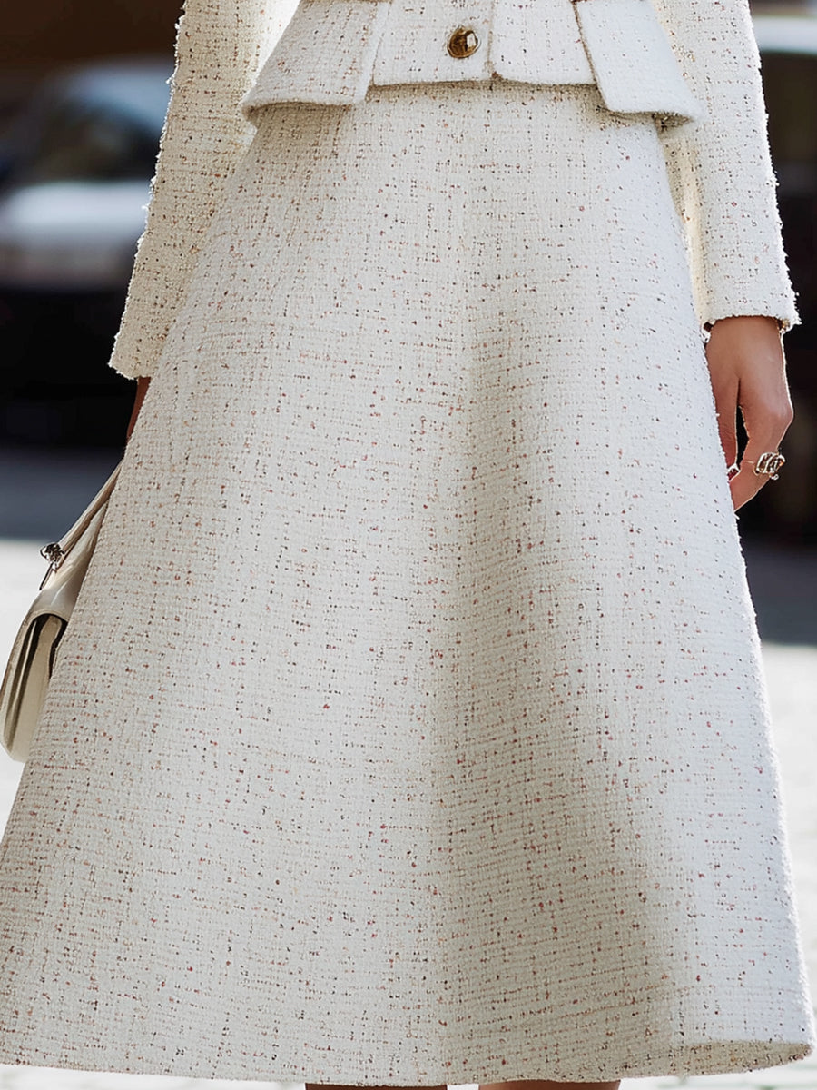 White Tweed Square-Neck Jacket & A-Line Skirt Set | Elegant Women's Dress