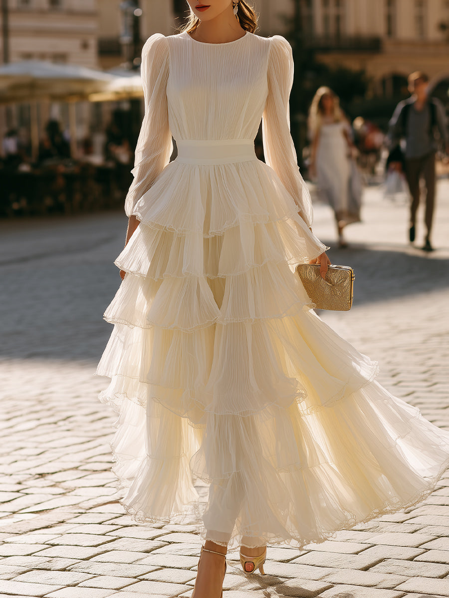 Tiered Ruffle Long Sleeve Pleated Maxi Dress | Elegant Women's Dress