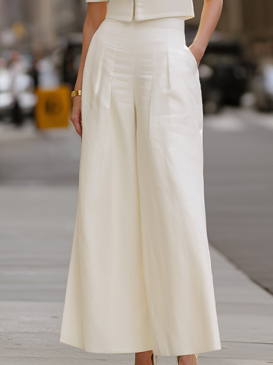 Modern Structured Two-Piece Set – Cropped Zip-Front Jacket & Wide-Leg Trousers | Elegant Women's Dress