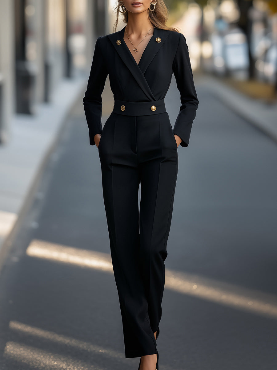 Tailored Jumpsuit With Gold Button Accents | Elegant Women's Dress
