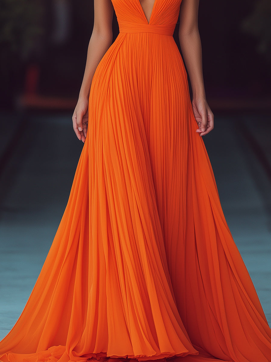 V-neck Halter Pleat Maxi Dress | Elegant Women's Dress