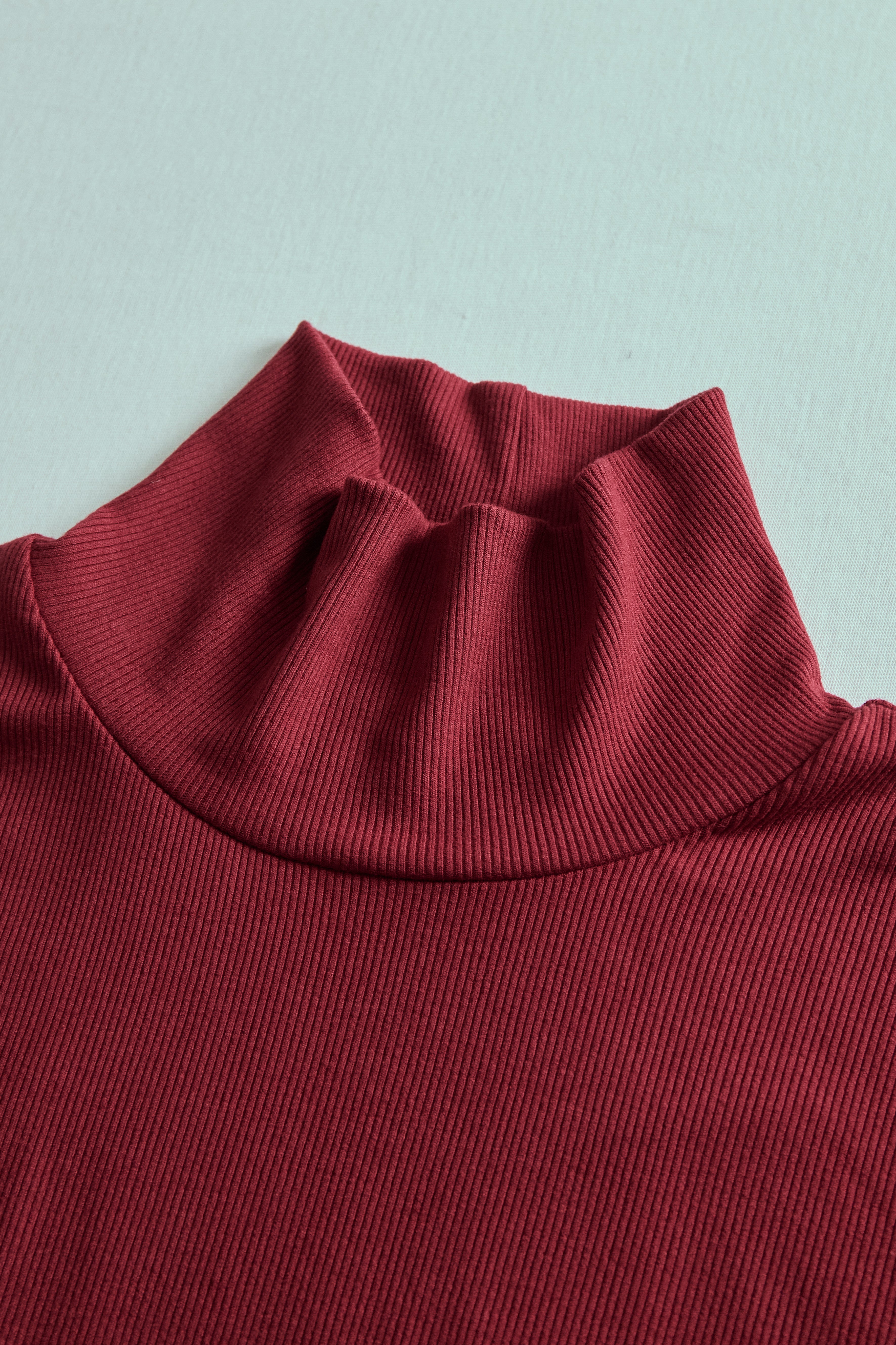 Burgundy Ribbed Turtleneck Mini Dress with Balloon Sleeves | Elegant Women's Dress