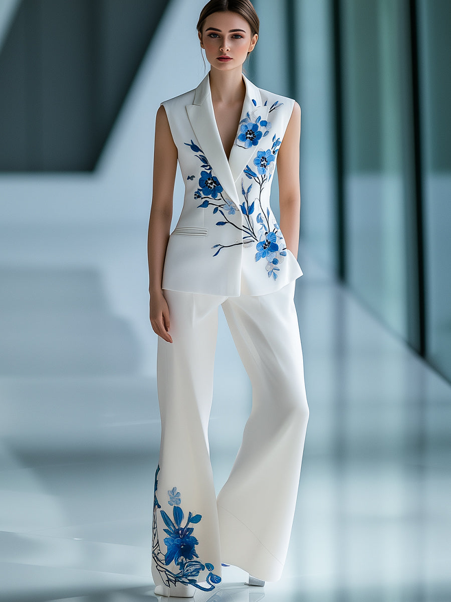 Urban Sleeveless Floral Printed Blazer and Trousers Set | Elegant Women's Dress
