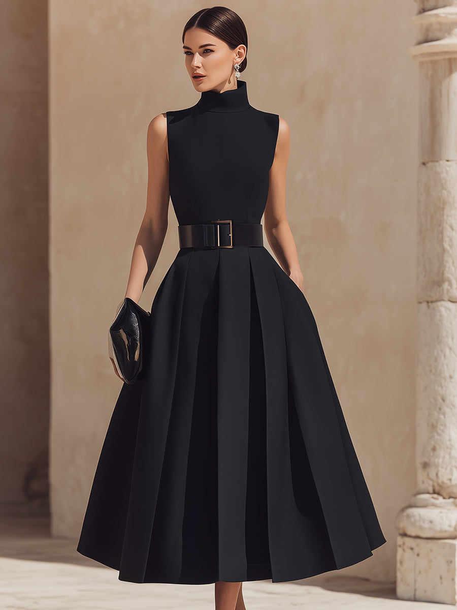 Belted High-Neck Pleated Maxi Dress | Elegant Women's Dress