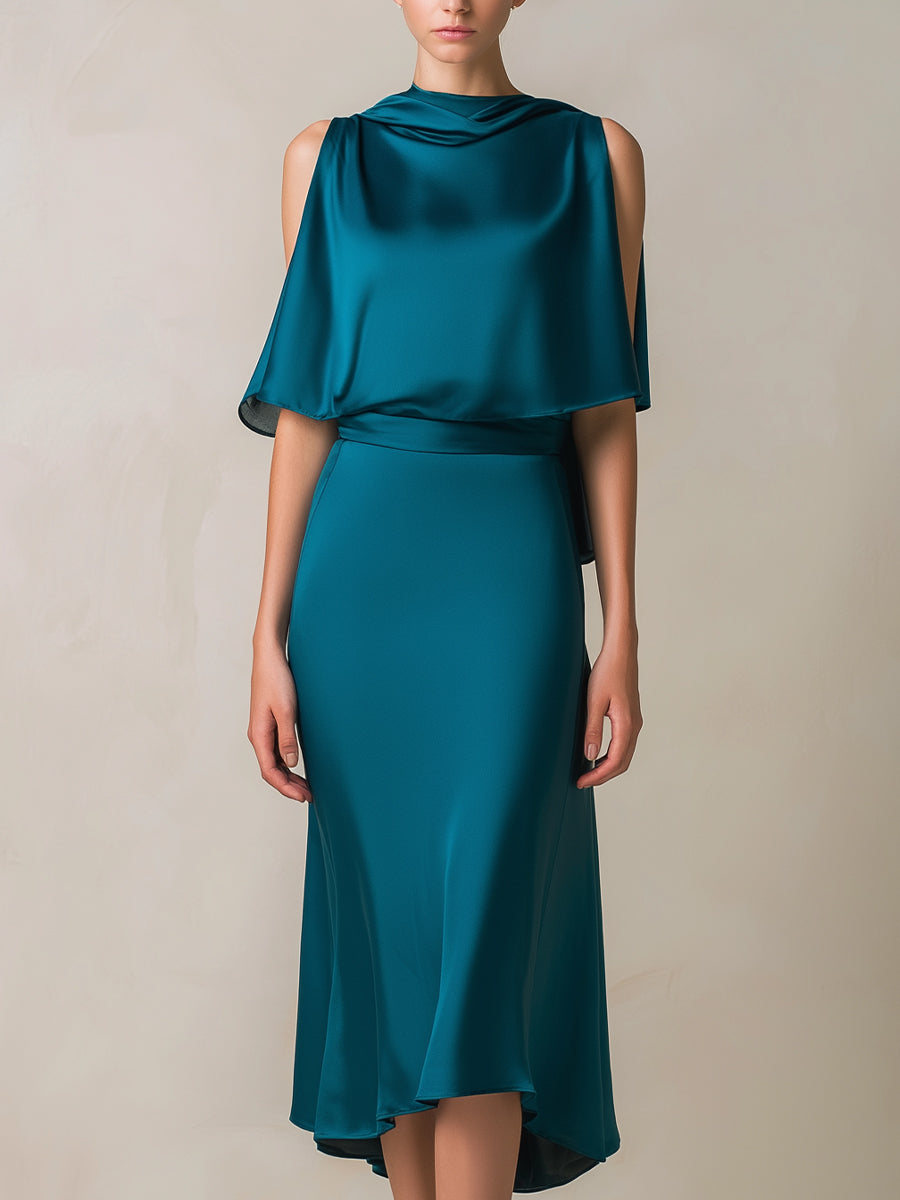 Teal Draped Cape-Sleeve Midi Dress | Elegant Women's Dress
