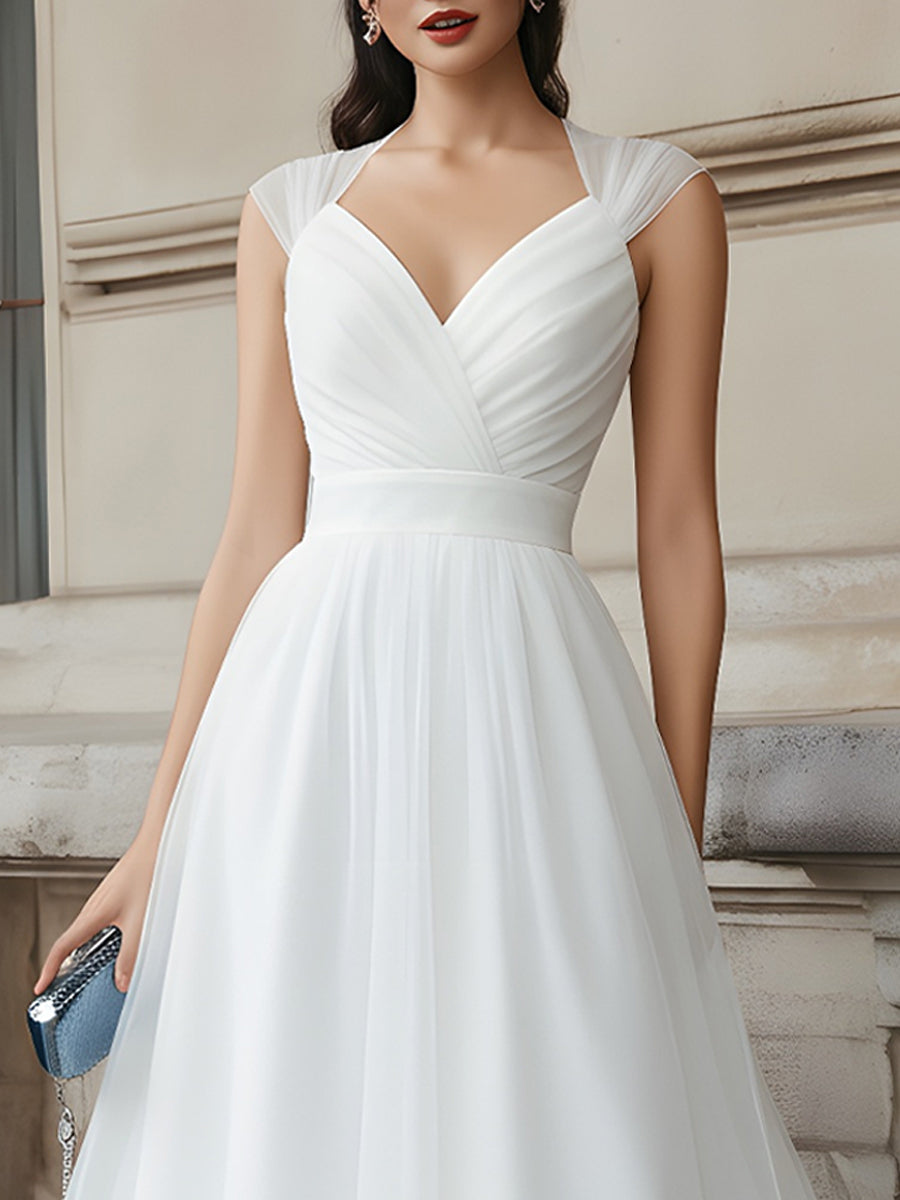 V-Neck Pleated Midi Dress With Cap Sleeves | Elegant Women's Dress