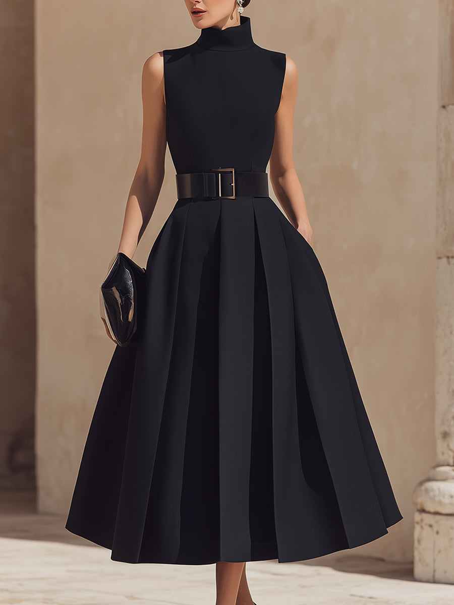 Belted High-Neck Pleated Maxi Dress | Elegant Women's Dress