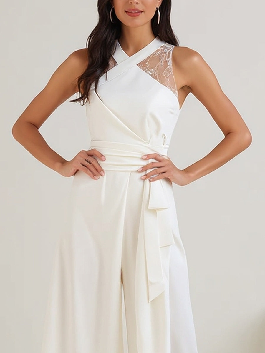 White Cross-Neck Lace Panel Wide-Leg Jumpsuit With Tie Waist | Elegant Women's Dress