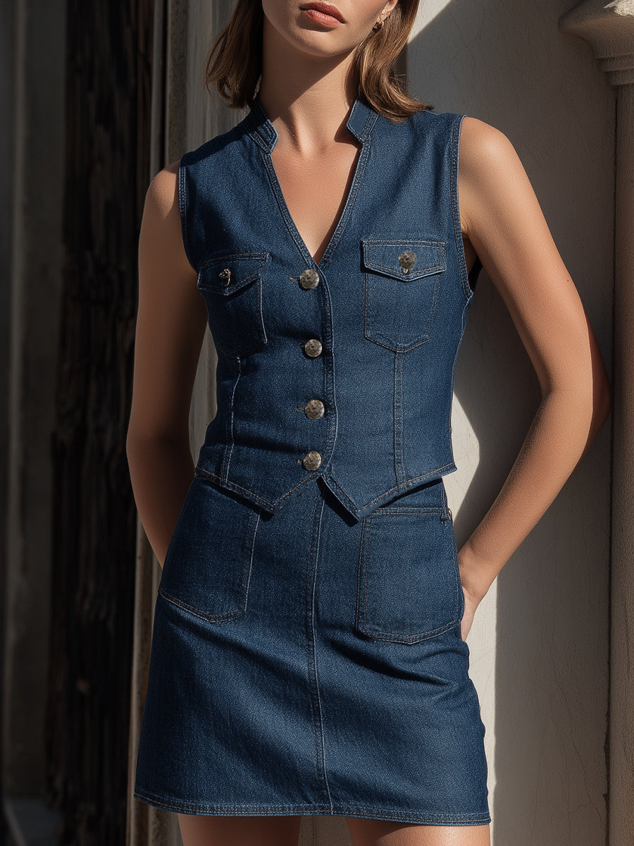 Sleeveless Denim-Effect Tailored Vest & Mini Skirt Two-Piece Set | Elegant Women's Dress