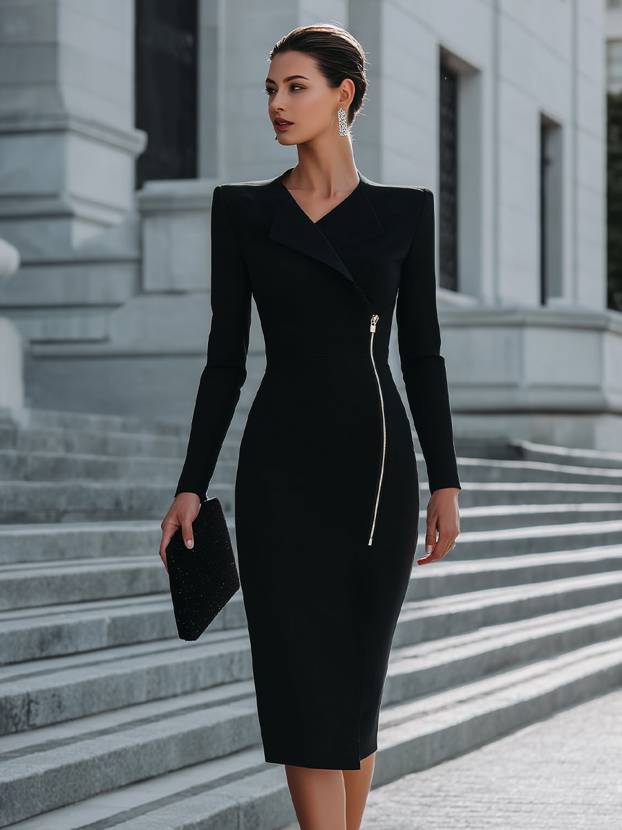 Asymmetric Zip-Detail Tailored Midi Dress | Elegant Women's Dress
