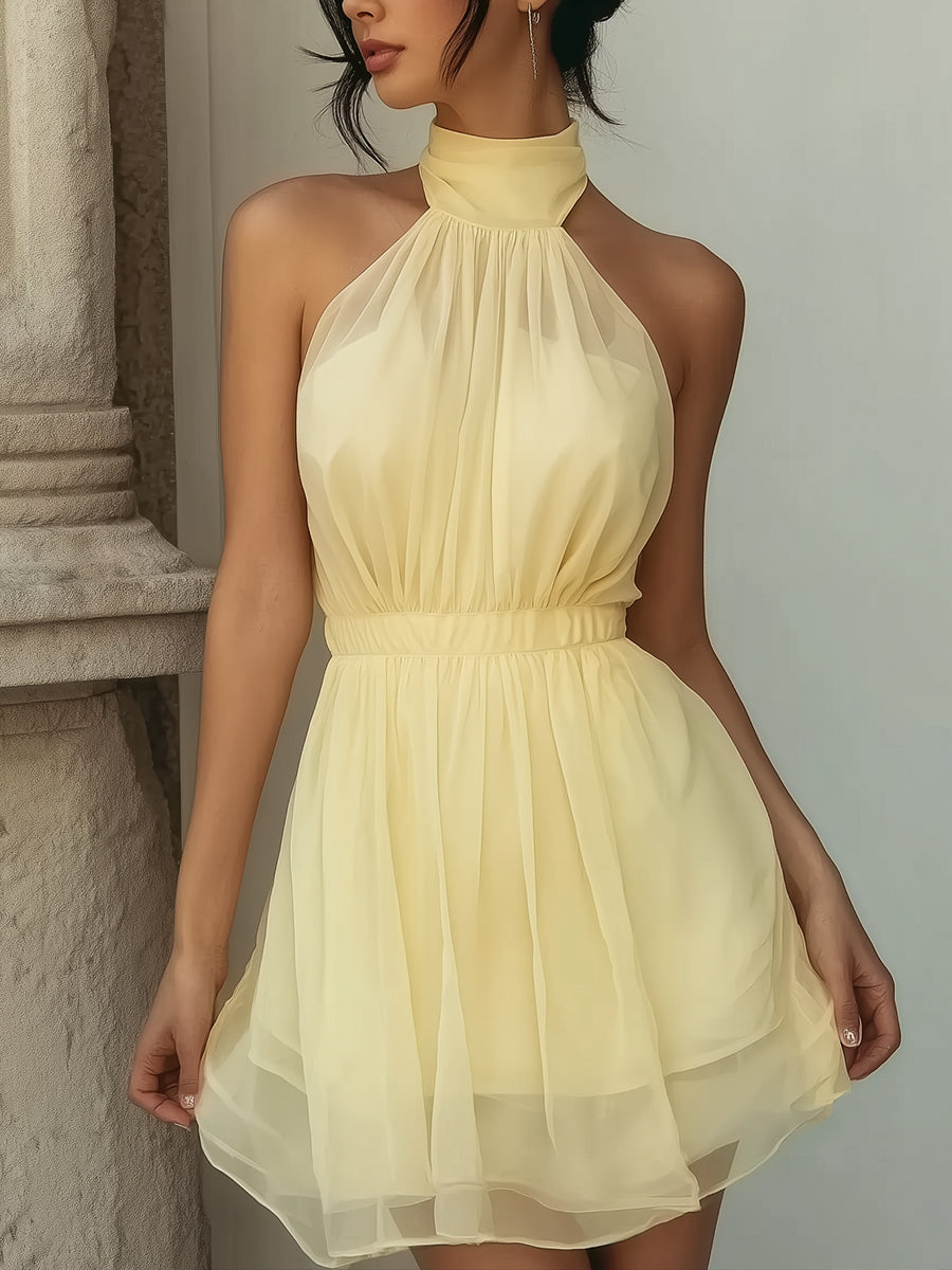 Soft Yellow Halter Neck Chiffon Mini Dress With Layered Skirt | Elegant Women's Dress