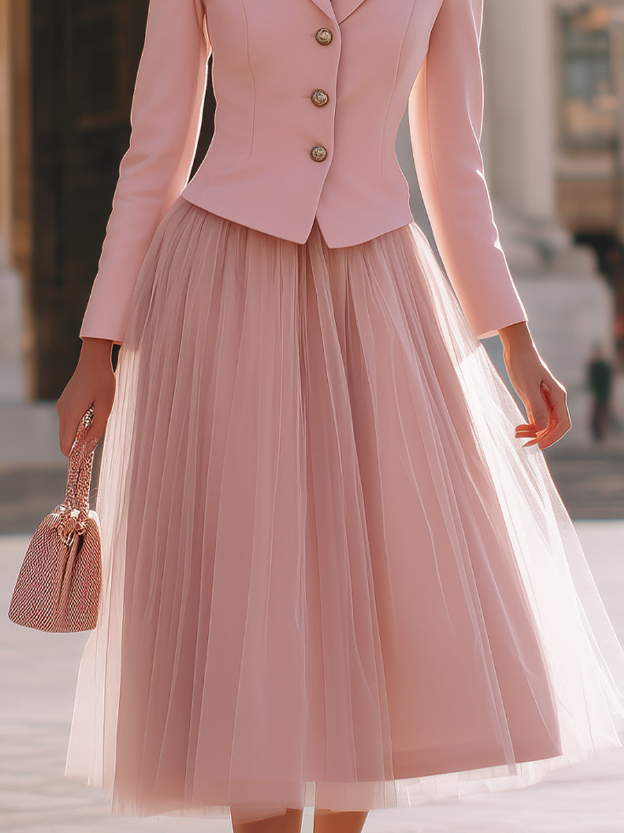 Blush Pink Tailored Blazer & Tulle Skirt Set | Elegant Women's Dress