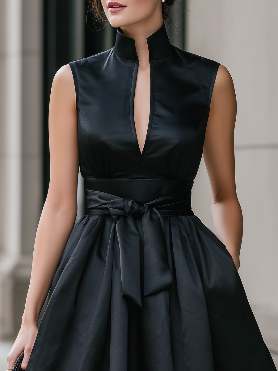 Black Satin Mandarin Collar Mini Dress With Bow Waist Detail | Elegant Women's Dress
