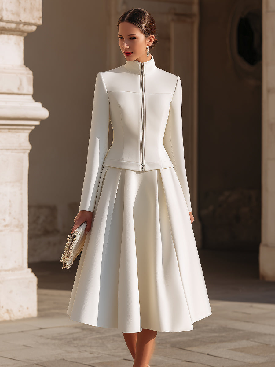 Stand Collar Zip-Up Jacket And Pleated Midi Skirt Set | Elegant Women's Dress