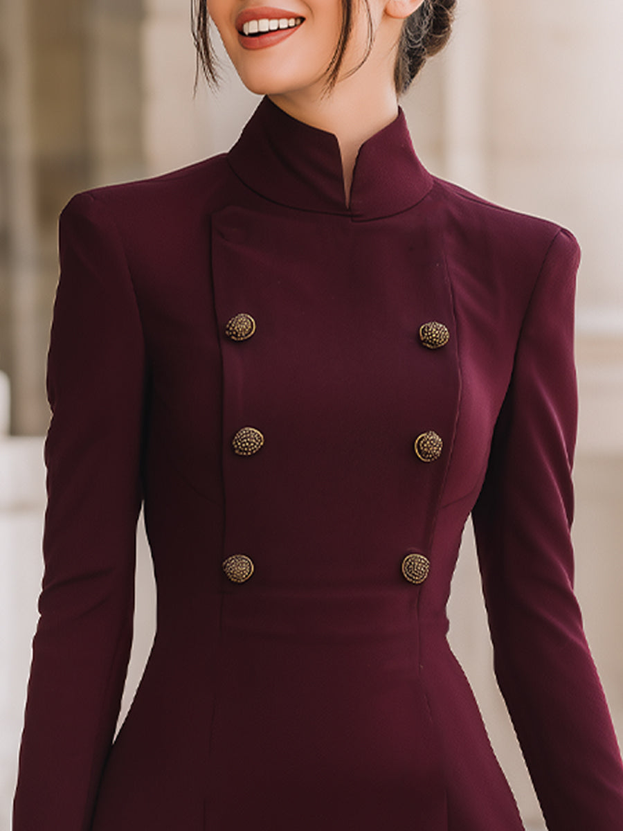 Vintage Stand Collar Double-Breasted Waist-Cinched A-Line Dress | Elegant Women's Dress