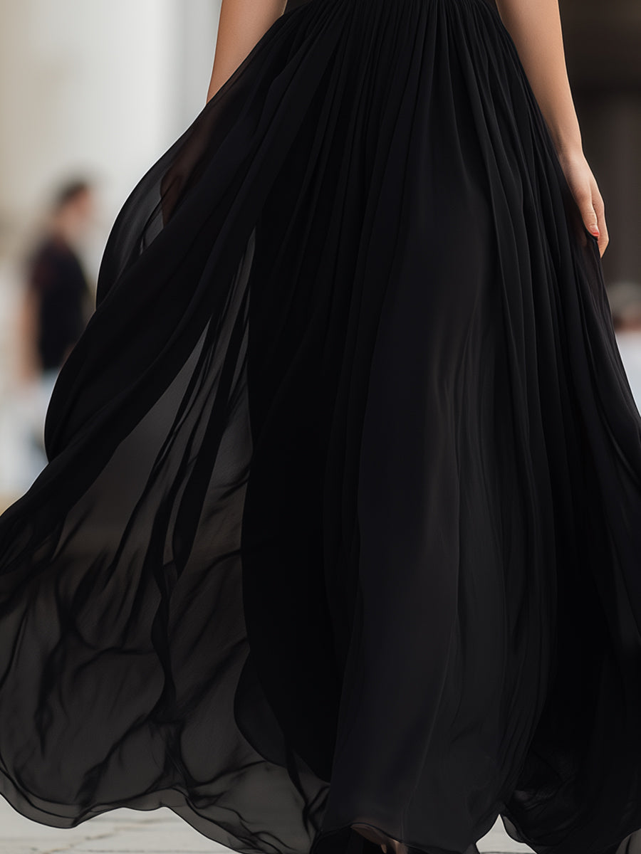 Black Halter Neck Pleated Chiffon Maxi Dress | Elegant Women's Dress