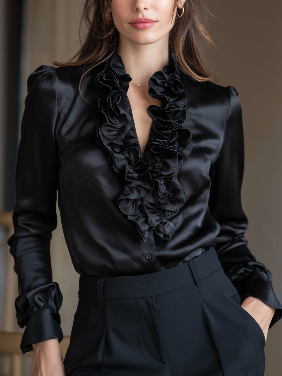 Black Satin Ruffled V-Neck Long Sleeve Blouse | Elegant Women's Dress