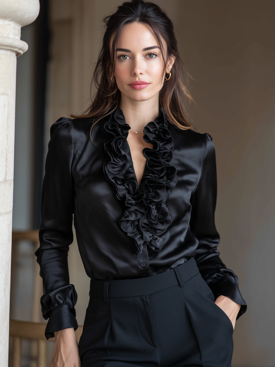 Black Satin Ruffled V-Neck Long Sleeve Blouse | Elegant Women's Dress