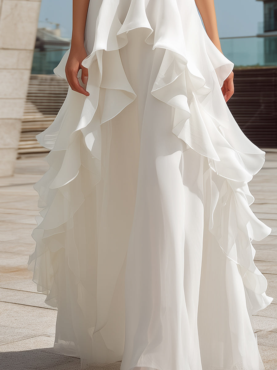 White Halter Layered Ruffle Maxi Dress | Elegant Women's Dress