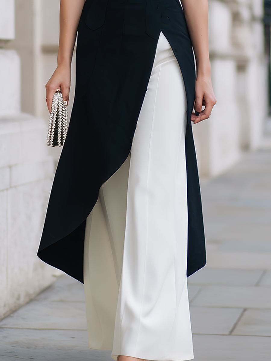 Black & White One-Shoulder Tunic & Wide-Leg Trouser Set | Elegant Women's Dress