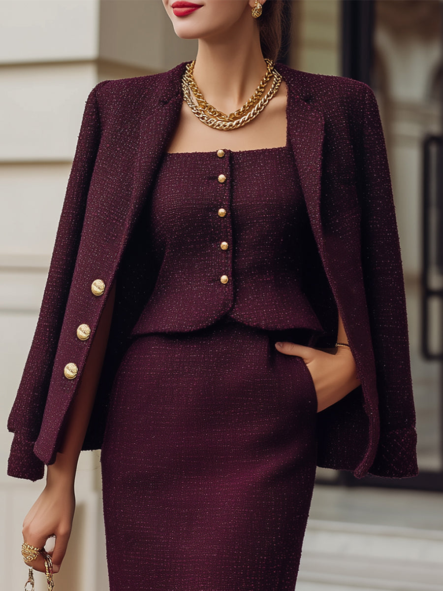 Stylish Tweed Three-Piece Power Set | Elegant Women's Dress
