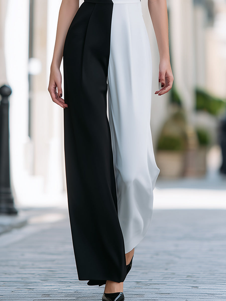 Black & White Halter Neck Colorblock Wide-Leg Jumpsuit | Elegant Women's Dress