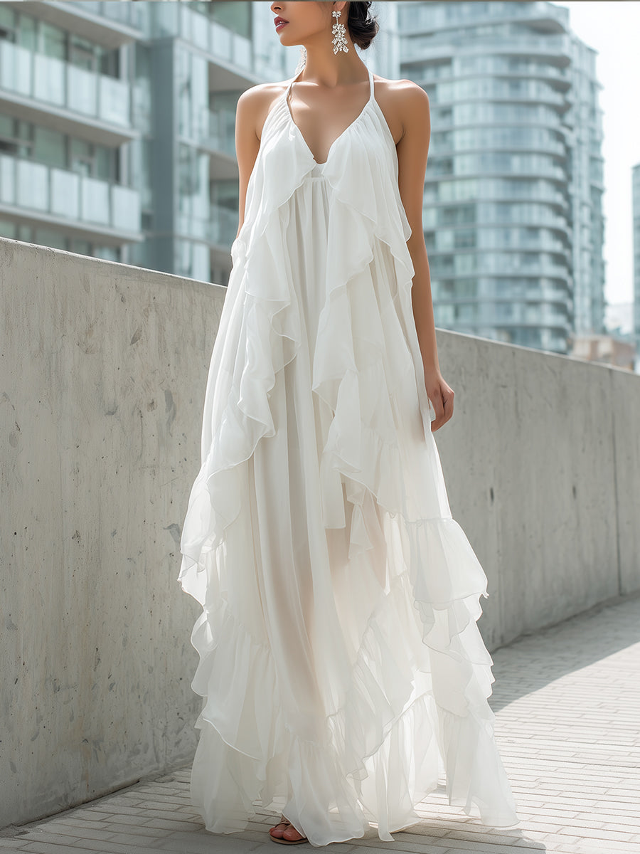 White Halter Ruffled Chiffon Maxi Dress | Elegant Women's Dress