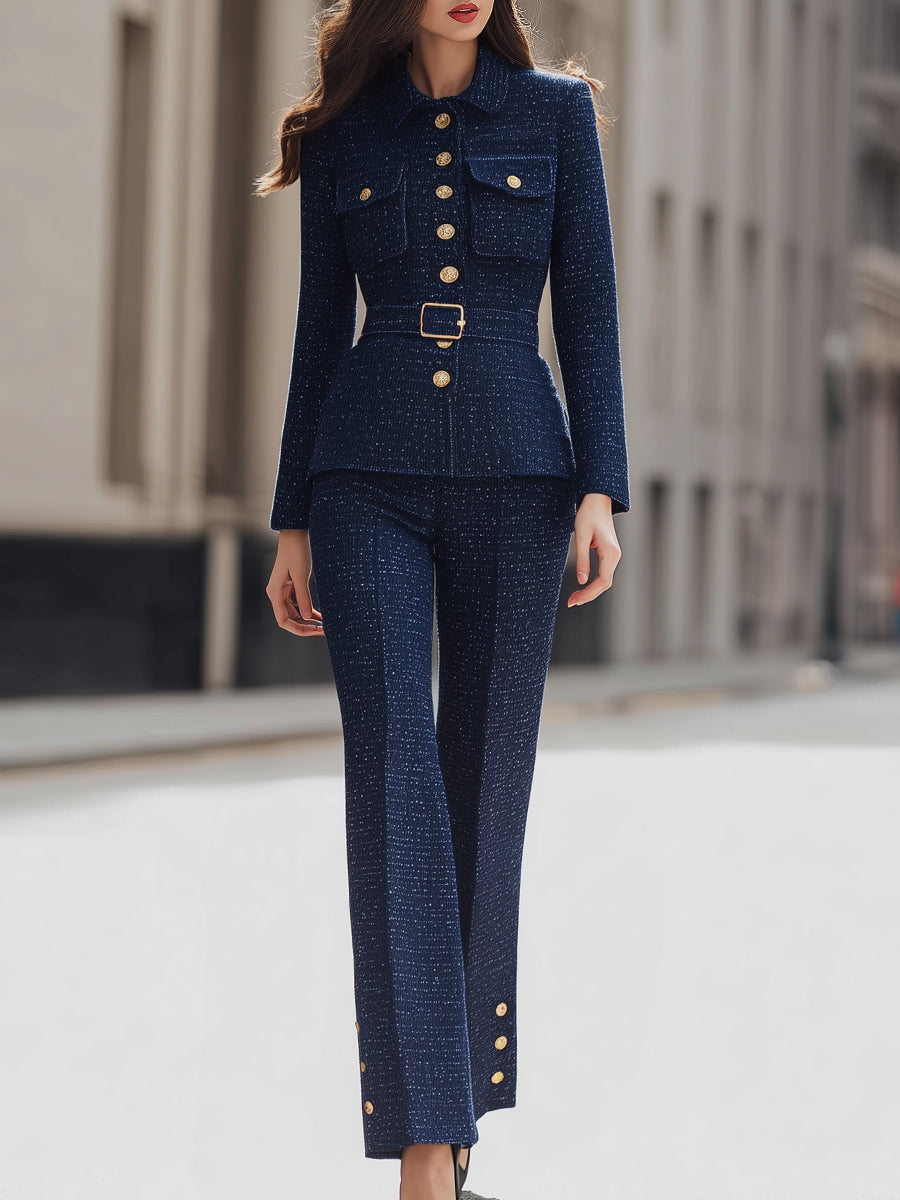 Tweed Belted Blazer And Pants Set With Gold Buttons | Elegant Women's Dress