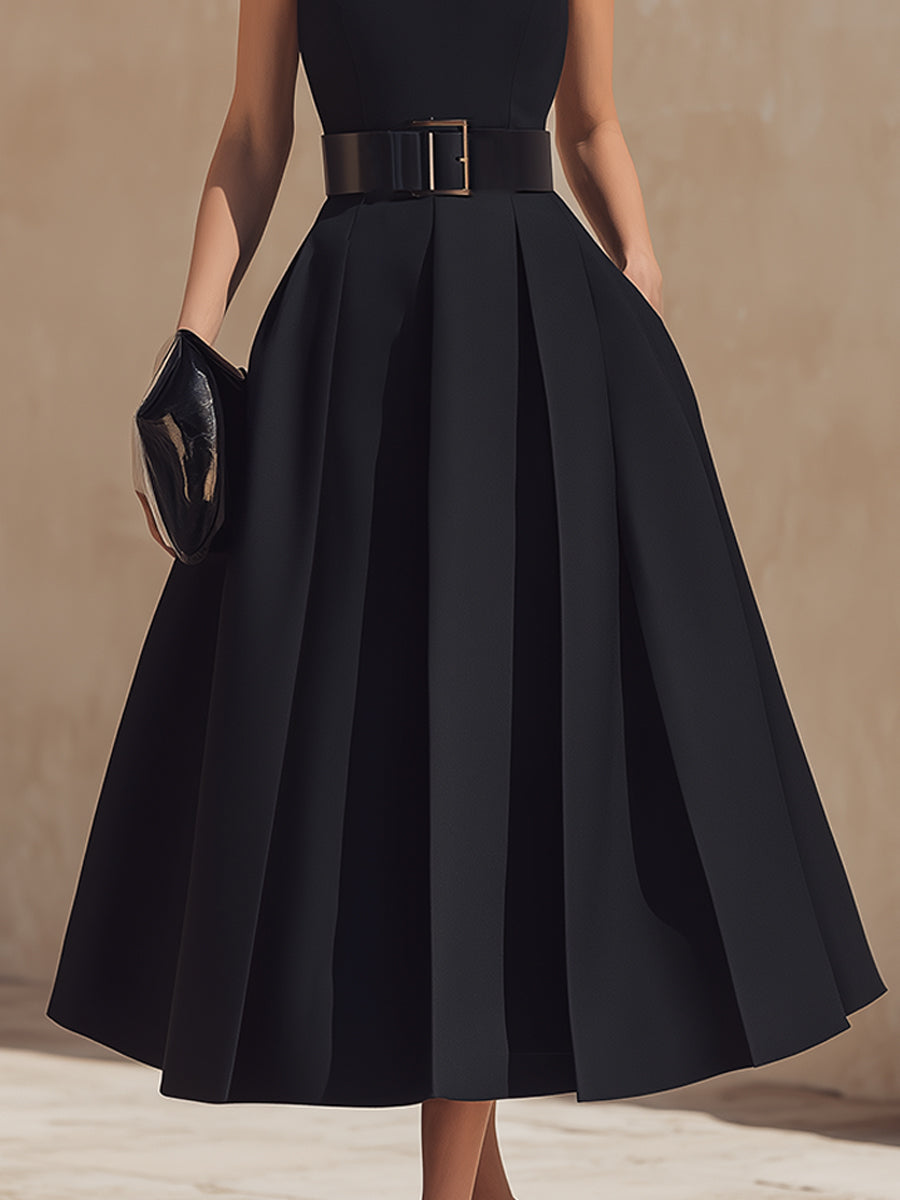 Belted High-Neck Pleated Maxi Dress | Elegant Women's Dress